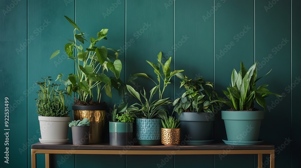 Wall mural A variety of potted plants on wooden tables against an emerald green wall, creating a vibrant and fresh indoor garden setting with an abundance of plant life