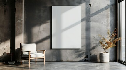 Minimalist Interior with a Large White Canvas and a Wooden Chair