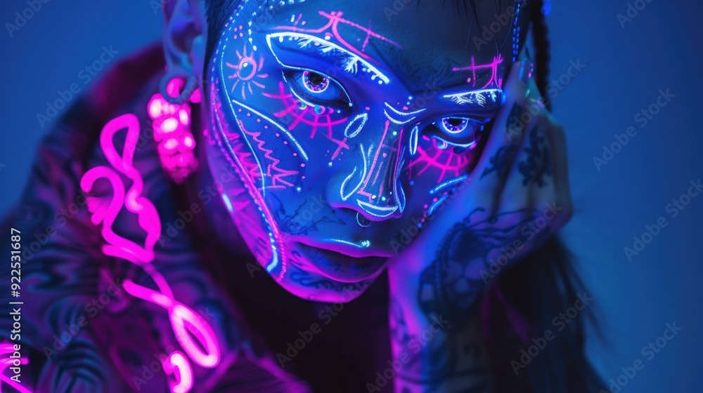 Poster an individual showcases intricate glowing tattoos and face paint while posing under ultraviolet ligh