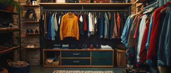 Naklejka premium Stylishly Organized Closet with Clothing and Shoes