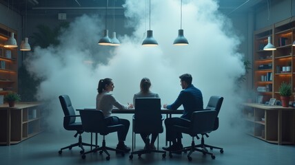 Group Meeting in a Smoke-Filled Room with Bookshelves in Background.