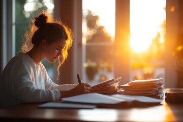 Close Up of a Student Organizing Study Materials in Vibrant Silhouette for Exams Preparation in Study Area