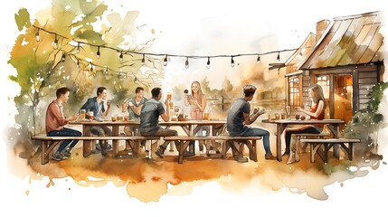 Garden party with people dancing and drinking beer.