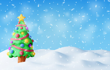 3D christmas background. Render christmas tree with garlands and balls. Winter landscape with fir tree and snowing. Happy new year celebration. New year xmas holiday. Vector illustration