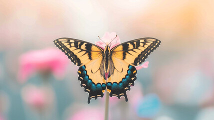 Obraz premium Yellow and Black Swallowtail Butterfly Resting on Flower