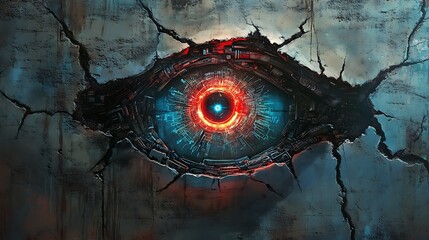 A glowing, mechanical eye peering through a cracked, concrete wall.