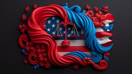 Obraz premium A stylized illustration of the U.S. flag intertwined with symbols of justice and liberty, creating a dynamic composition 