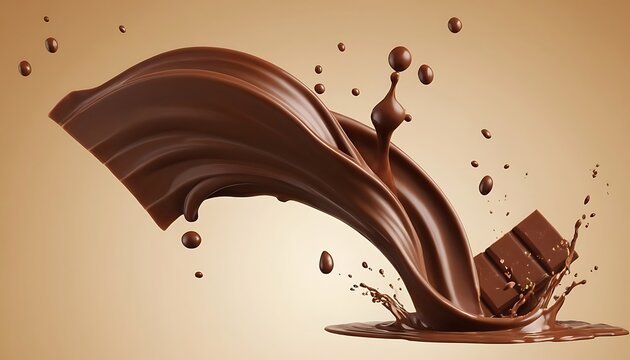 chocolate pieces falling on chocolate sauce with clipping path 3d illustration.8