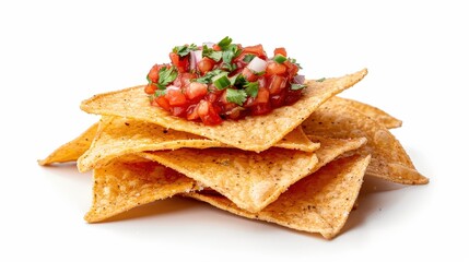 Mouthwatering Stack of Crispy Nachos with Salsa on White Background for Editorial Food Photography in Professional Studio