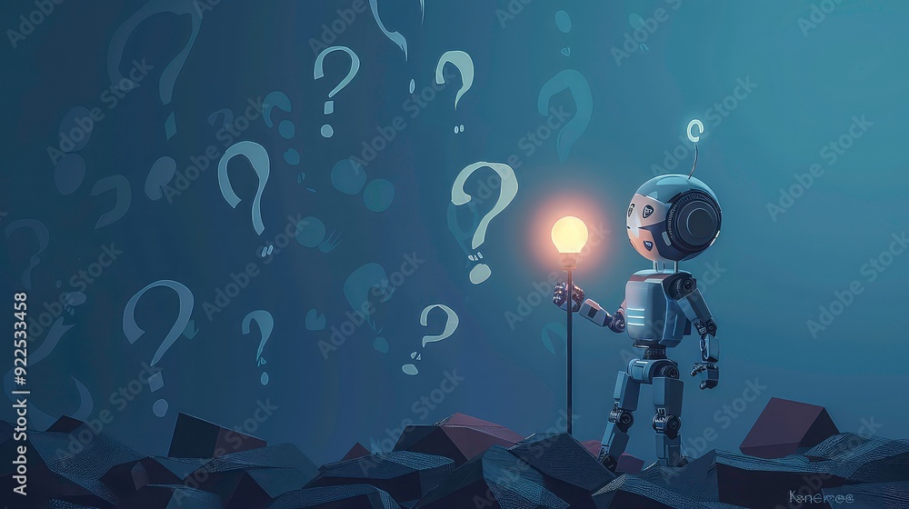 Poster a robot holding a lightbulb, illuminating the question marks surrounding it.