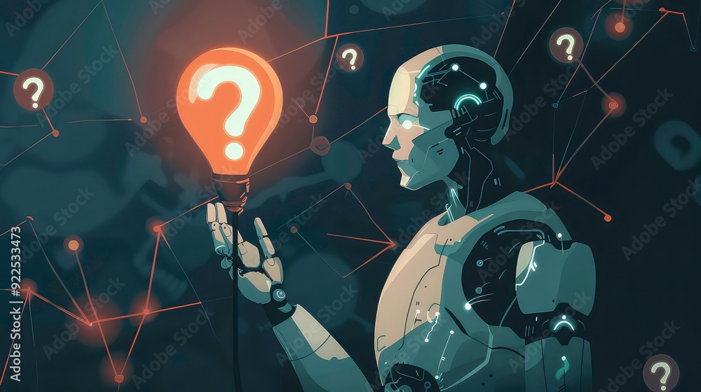 Poster a robotic figure, with a glowing question mark, stands surrounded by question marks in a dark networ