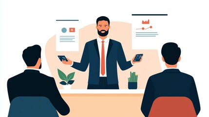 Illustration of a fintech startup pitch meeting, featuring futuristic financial technology tools