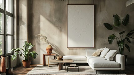 Minimalist Living Room Interior with White Sofa and Abstract Painting