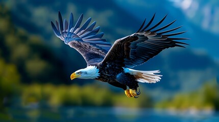 Obraz premium A patriotic illustration of the Bald Eagle with the American flag in its talons, soaring above a mountain range 