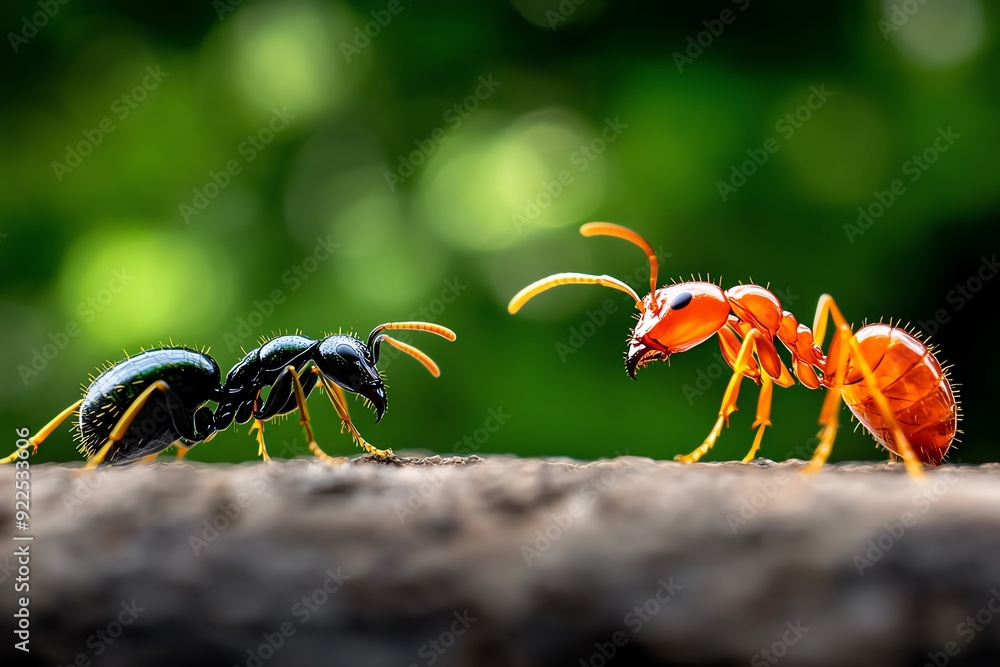 Poster close-up photograph of two ants facing each other on a natural background, displaying vibrant colors