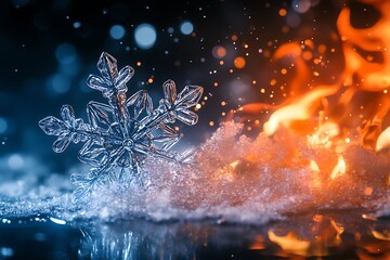 A large, intricate snowflake lies in the snow, with a fiery glow reflecting off the surface behind it.