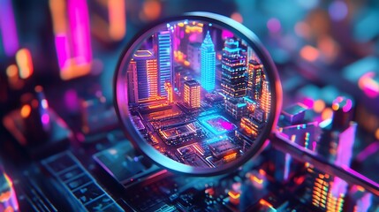 A magnifying glass focusing on a neon city with tall buildings.