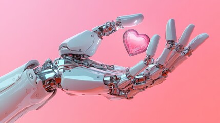 Robotic hand holding a glowing heart shape on pink background, symbolizing the intersection of technology and human emotion