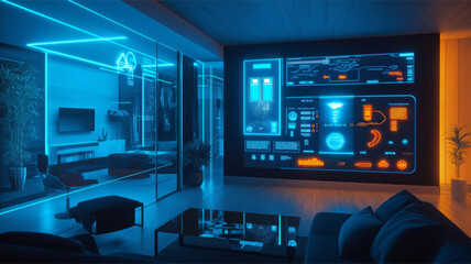 Modern living room with large wall-mounted digital control panels displaying smart home data and controls