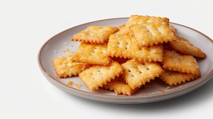 Delicious Crispy Cheese Crackers on Plate, Editorial Food Photography in Professional Studio Setting on White Background