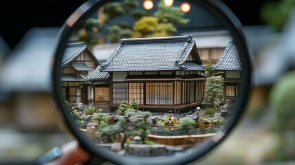 A miniature Japanese garden viewed through a magnifying glass