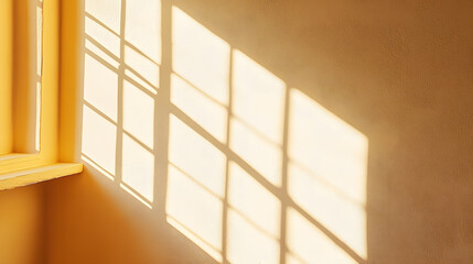 Diagonal window shadows and light on beige wall Trendy colored natural light concept background with copy space