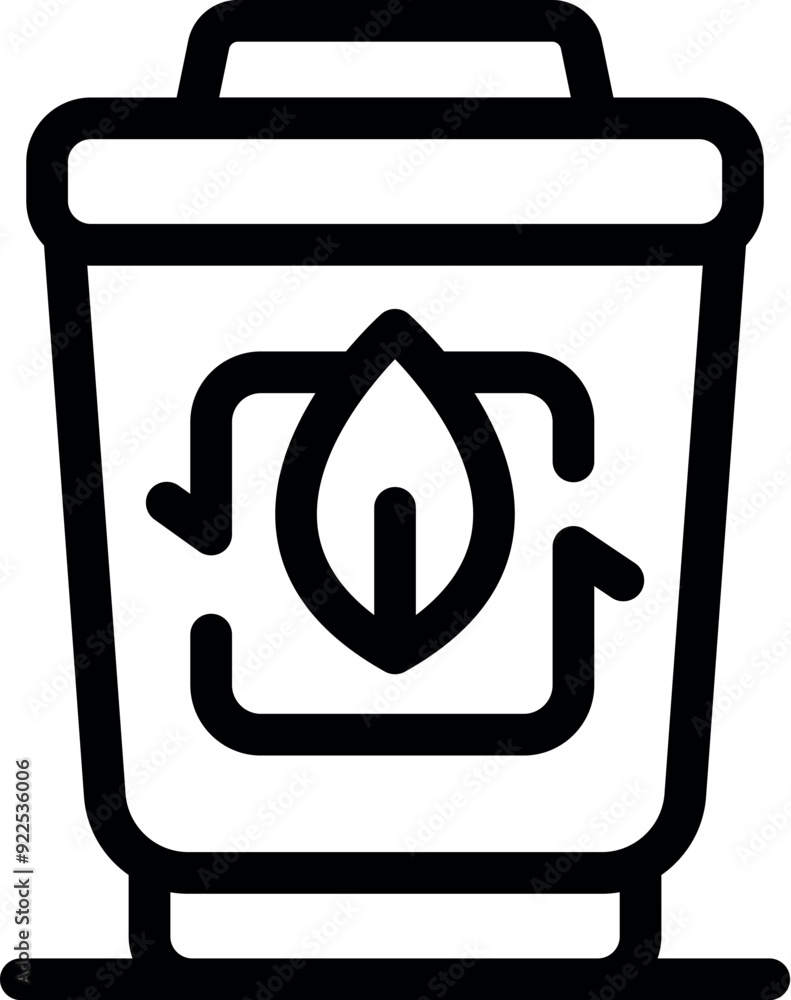 Poster line icon of a trash can with recycle symbol and leaf for organic garbage composting