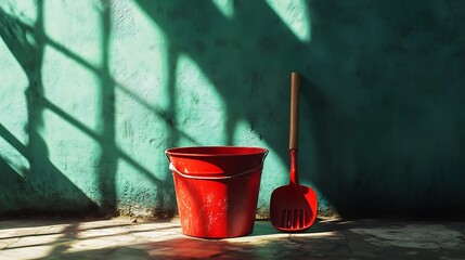 Red Bucket and Shovel Against a Teal Wall with Sunlight Shadows