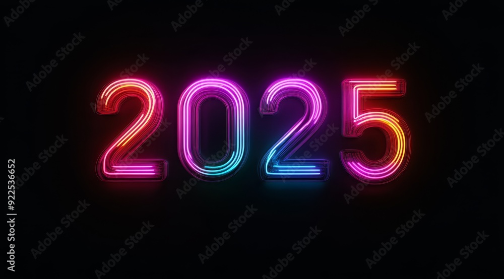 Poster a mesmerizing neon representation of the upcoming year 2025, featuring an array of bright colors on 