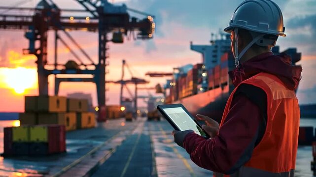 At a cargo port, a worker uses a tablet to coordinate with ship captains, ensuring smooth docking