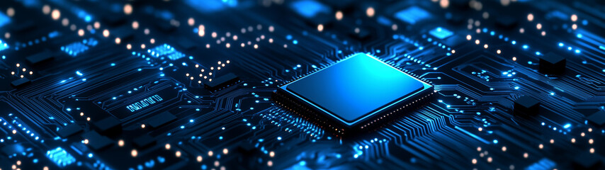 CPU chip on a blue background, concept to technologic successes. Futuristic hologram in blue, created with generative AI technology 
