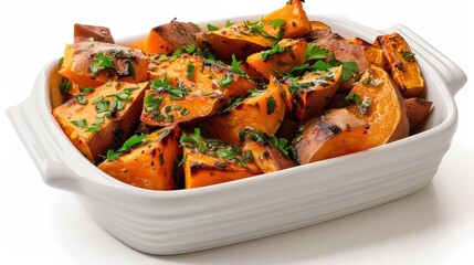 Savory Roasted Sweet Potatoes with Fresh Herbs - Editorial Food Photography in Professional Studio Setting on White Background