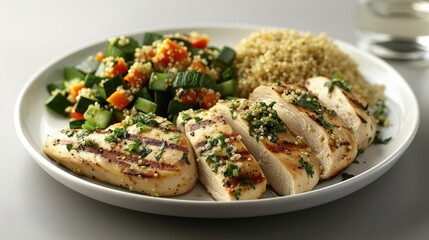 Fresh Grilled Chicken Breast with Quinoa and Veggies on Plate, Editorial Food Photography in Professional Studio - Isolated on White Background