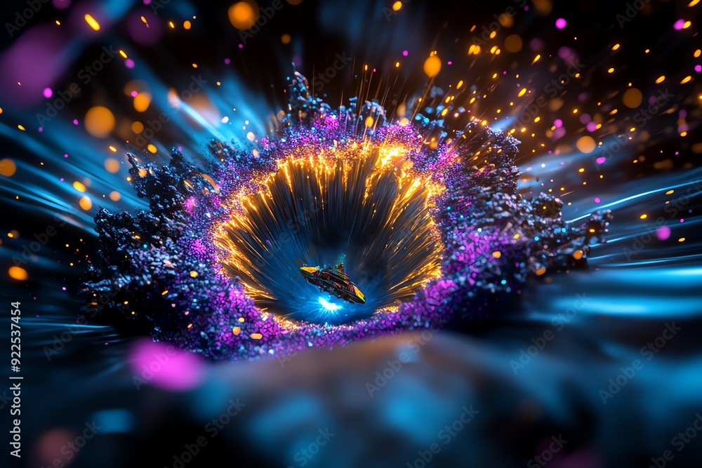 Poster colorful abstract digital art featuring vibrant cosmic explosion with dynamic light effects and swir