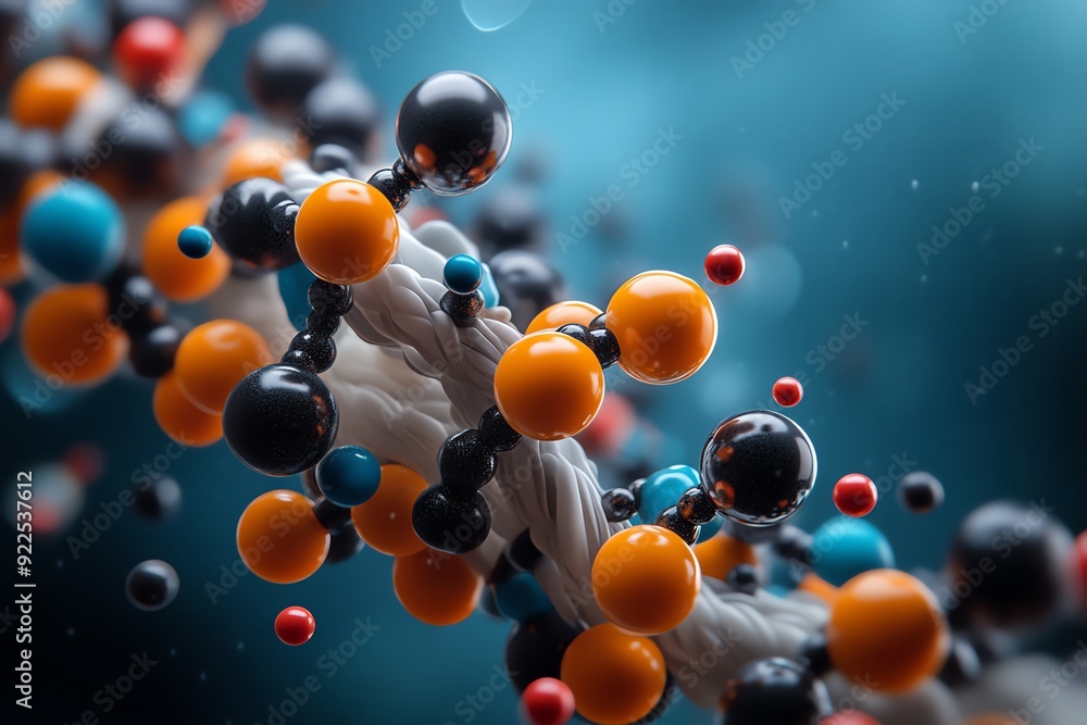 Aufkleber Colorful molecular structure with interconnected spheres representing scientific concepts in a vivid and dynamic manner.