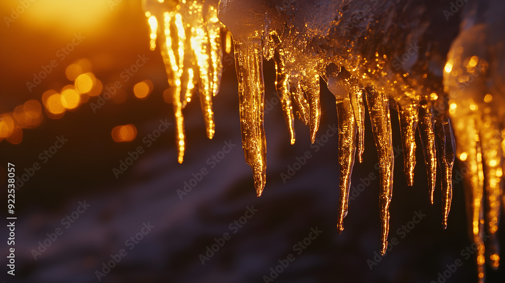 Poster icicles hang gracefully from a snowy edge, illuminated by warm golden sunlight, creating a mesmerizi