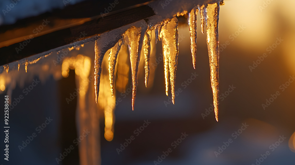 Poster icicles hang from an edge, illuminated by a warm sunset glow, creating a stunning contrast of shimme