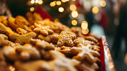 A detailed shot of beautifully decorated Christmas cookies arranged attractively with a festive background of lights and bokeh