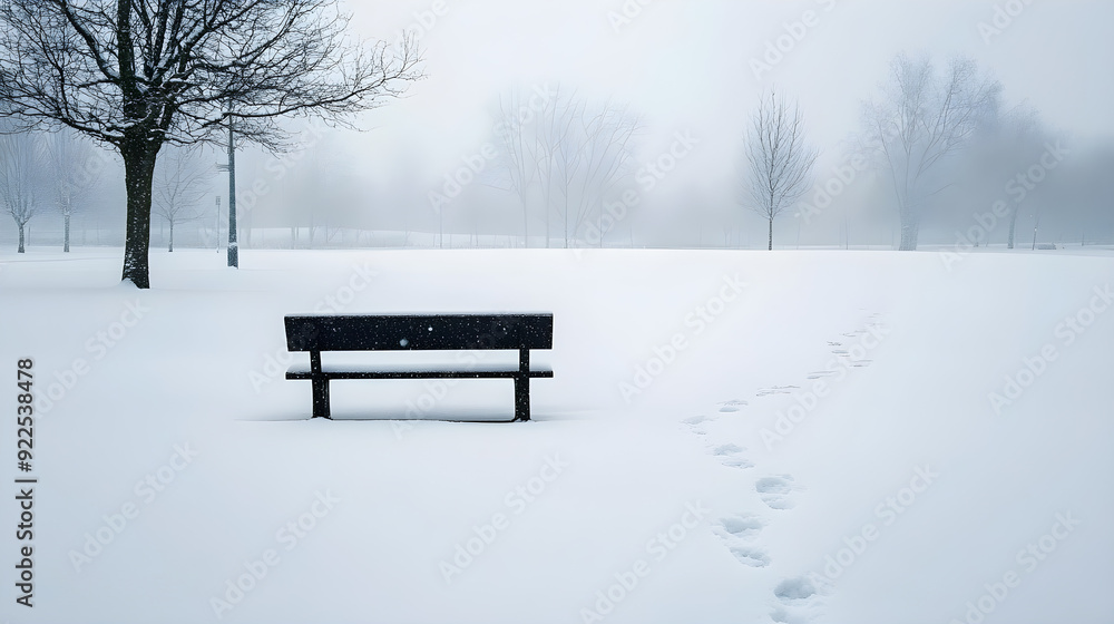 Poster a minimalist image of a snow-covered bench surrounded by a serene winter landscape and soft falling 