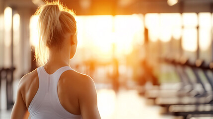 Woman reflects at the gym after a workout, bathed in sunset light. She focuses on her goals, feeling strong and motivated in the peaceful atmosphere. Copy space