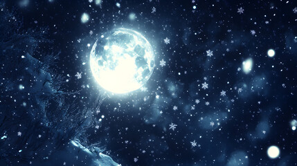 A high-contrast image of a dark winter sky illuminated by a bright moon with falling snowflakes creating a serene winter atmosphere