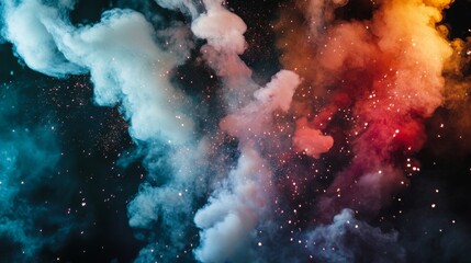 Fototapeta premium Smoke trails from fireworks bursting in the night sky, with colorful sparks illuminating the clouds of smoke, capturing the excitement of a celebration.