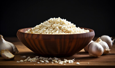 Minced garlic in a wooden bowl on the table