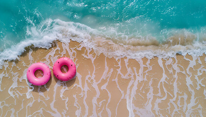 Naklejka premium pink inflatable swimming marthas on sandy coast near sea, top view