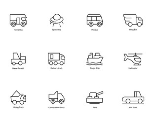 Line Style icon set. Bus, Spaceship, Forklift, Delivery, Cargo ship, Helicopter, Tank icon for apps and website