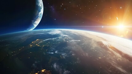 Obraz premium Earth and Moon from Space with a Rising Sun