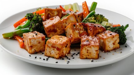 Delicious Tofu Stir-Fry with Colorful Vegetables on Plate - Food Magazine Style Illustration