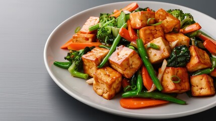 Fototapeta premium Vibrant Tofu Stir-Fry with Fresh Vegetables on Plate, Foods Magazine Style Isolated on White Background in Professional Studio Setting