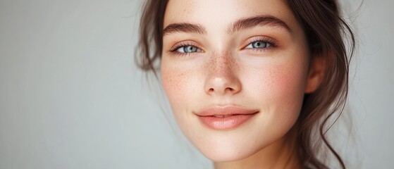 Fototapeta premium Close-up Portrait of a Woman with Freckles and Blue Eyes