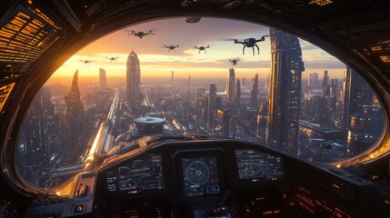 Futuristic Spaceship Cockpit View Over City
